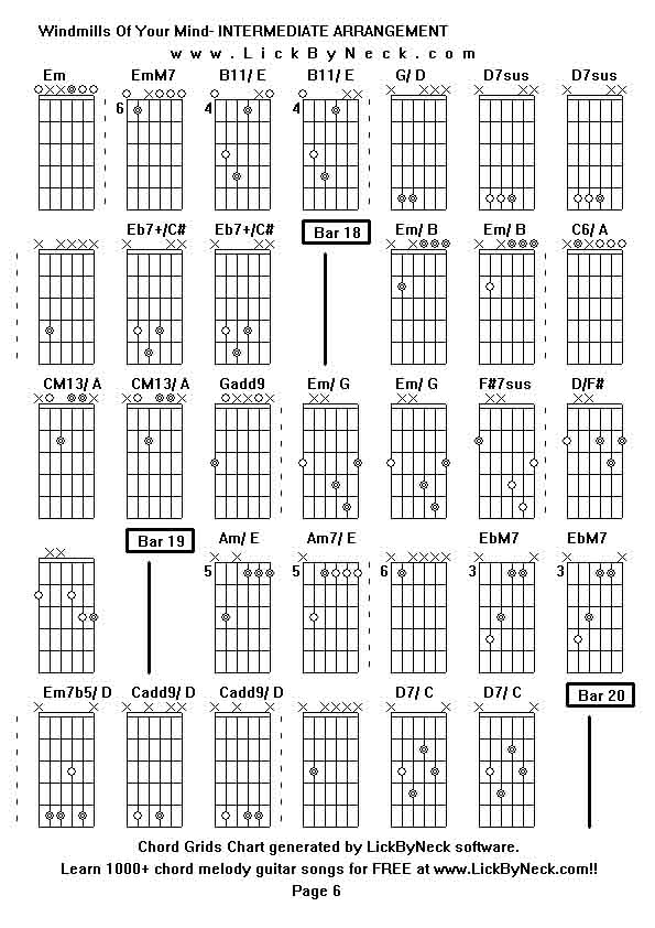 Chord Grids Chart of chord melody fingerstyle guitar song-Windmills Of Your Mind- INTERMEDIATE ARRANGEMENT,generated by LickByNeck software.